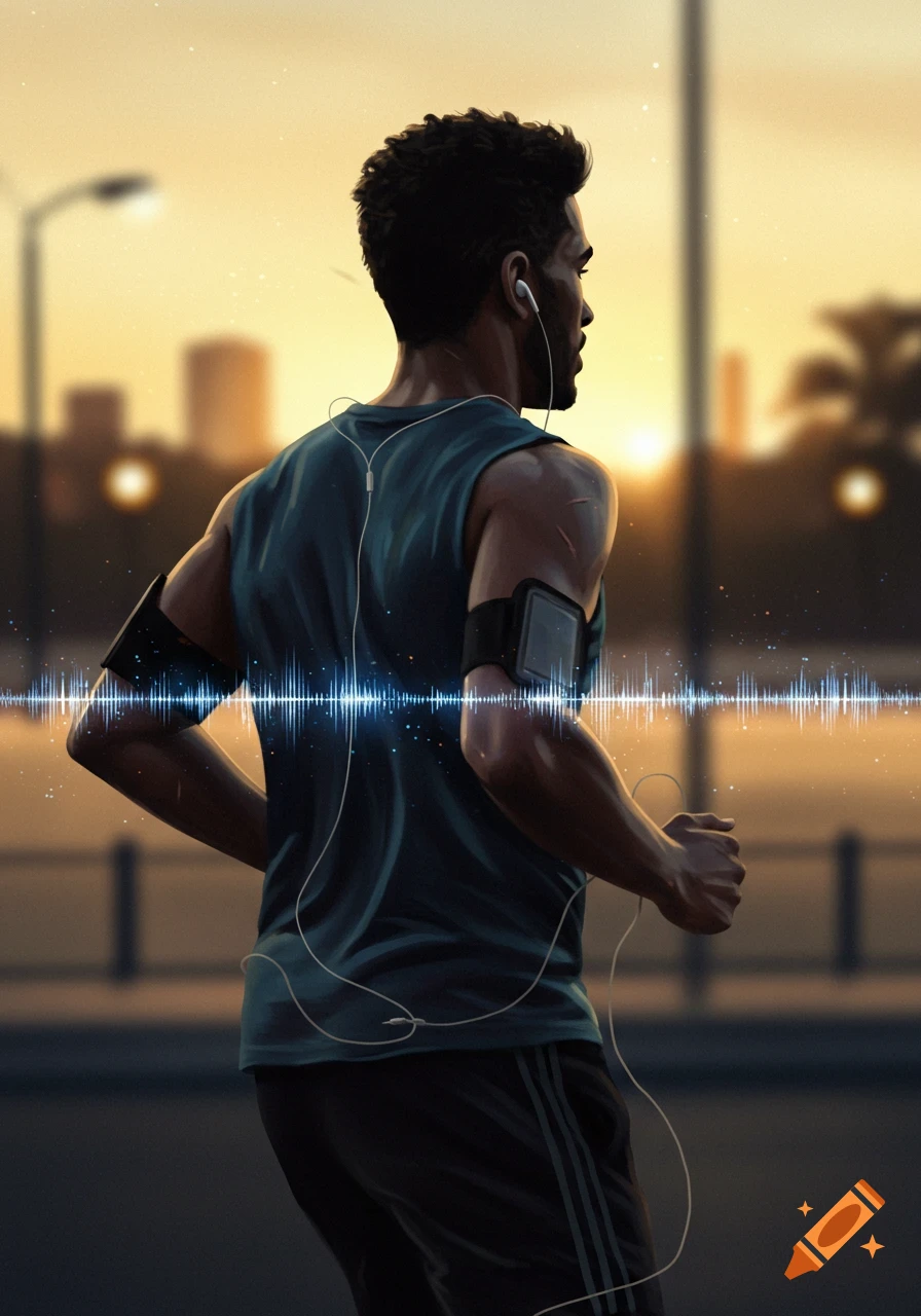 Digital illustration of a man with earbuds running at sunset, seen from behind, with a glowing sound wave across his back.
