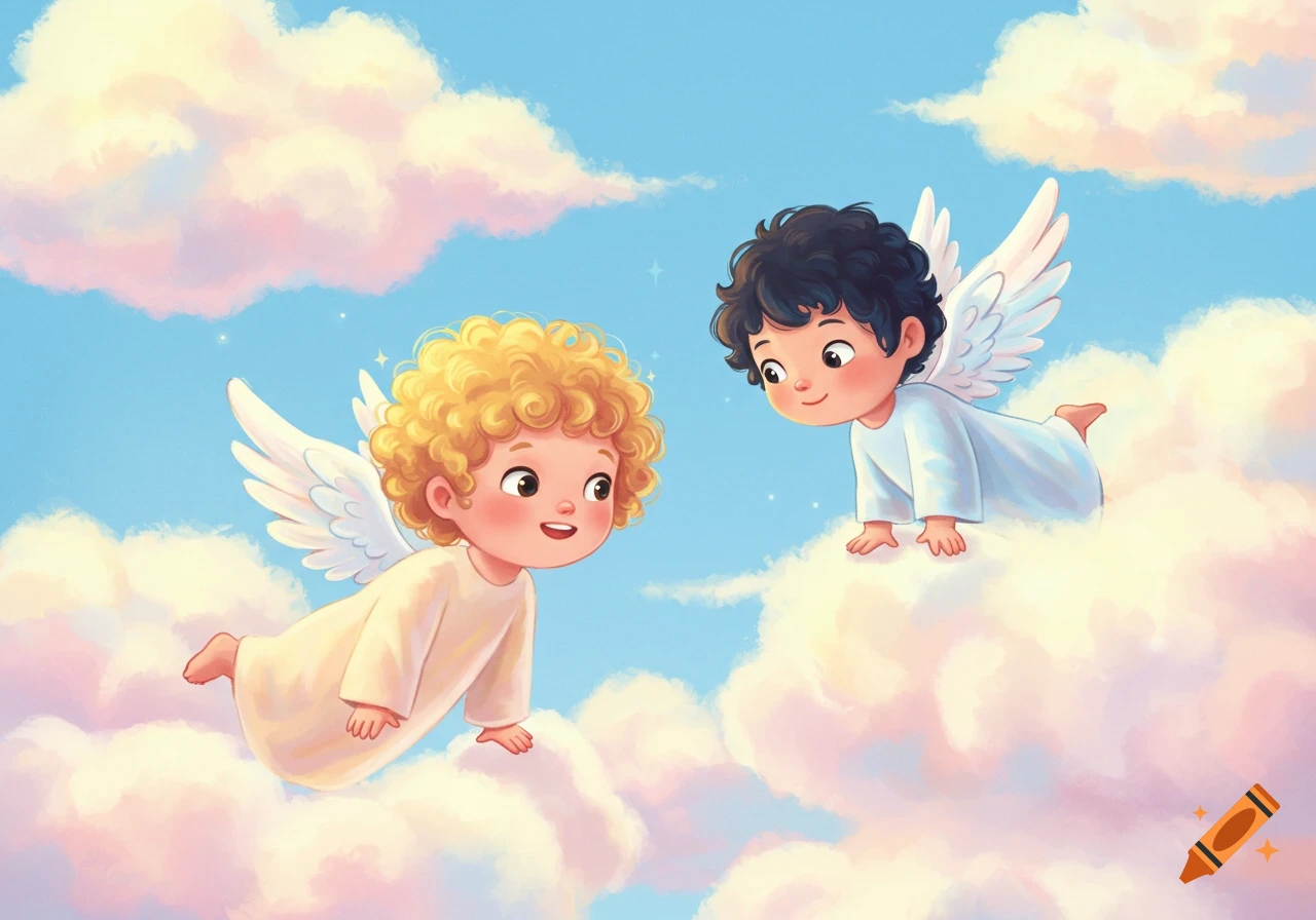 Two cartoon angels with curly hair and wings smile in fluffy pink and white clouds against a blue sky.