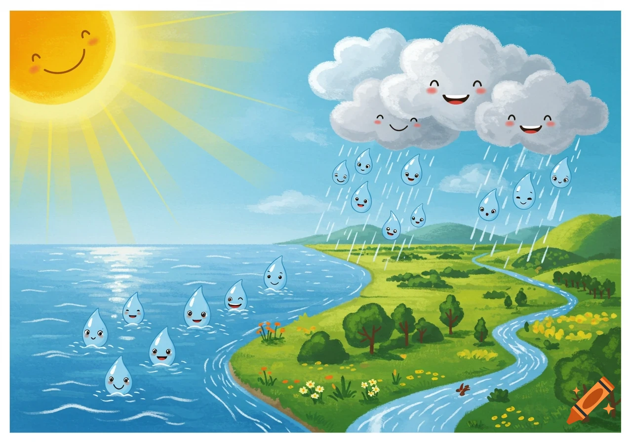 Cute colorful illustration showing the water cycle with a smiling sun, happy clouds raining, and cheerful water drops in the sea and river.