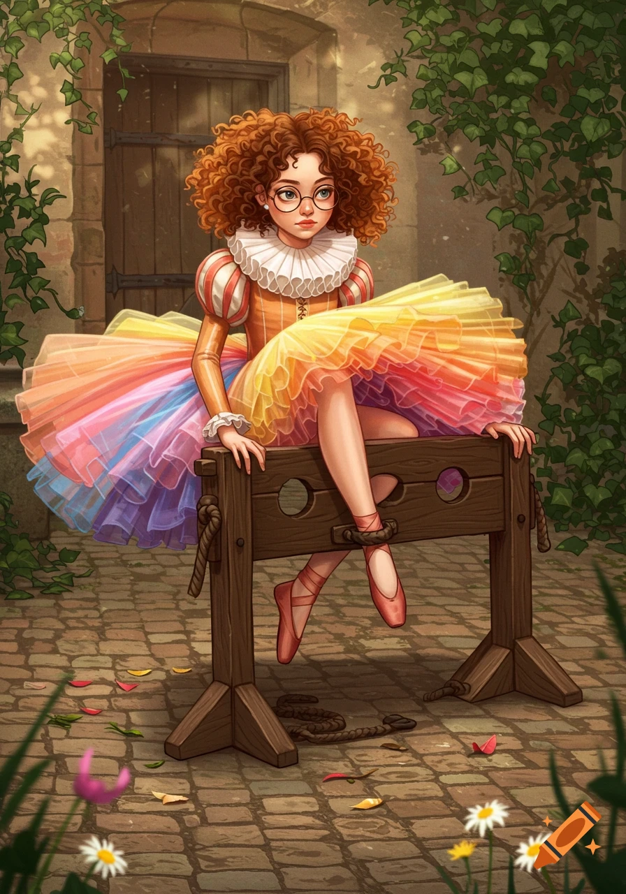 Illustrated curly-haired ballerina in a rainbow tutu and glasses, with feet in medieval stocks, in a stone courtyard.