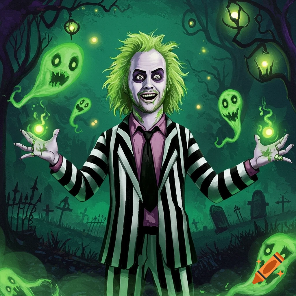 A stylized illustration of Beetlejuice with glowing hands, green hair, and a striped suit, surrounded by green ghosts in a dark graveyard.