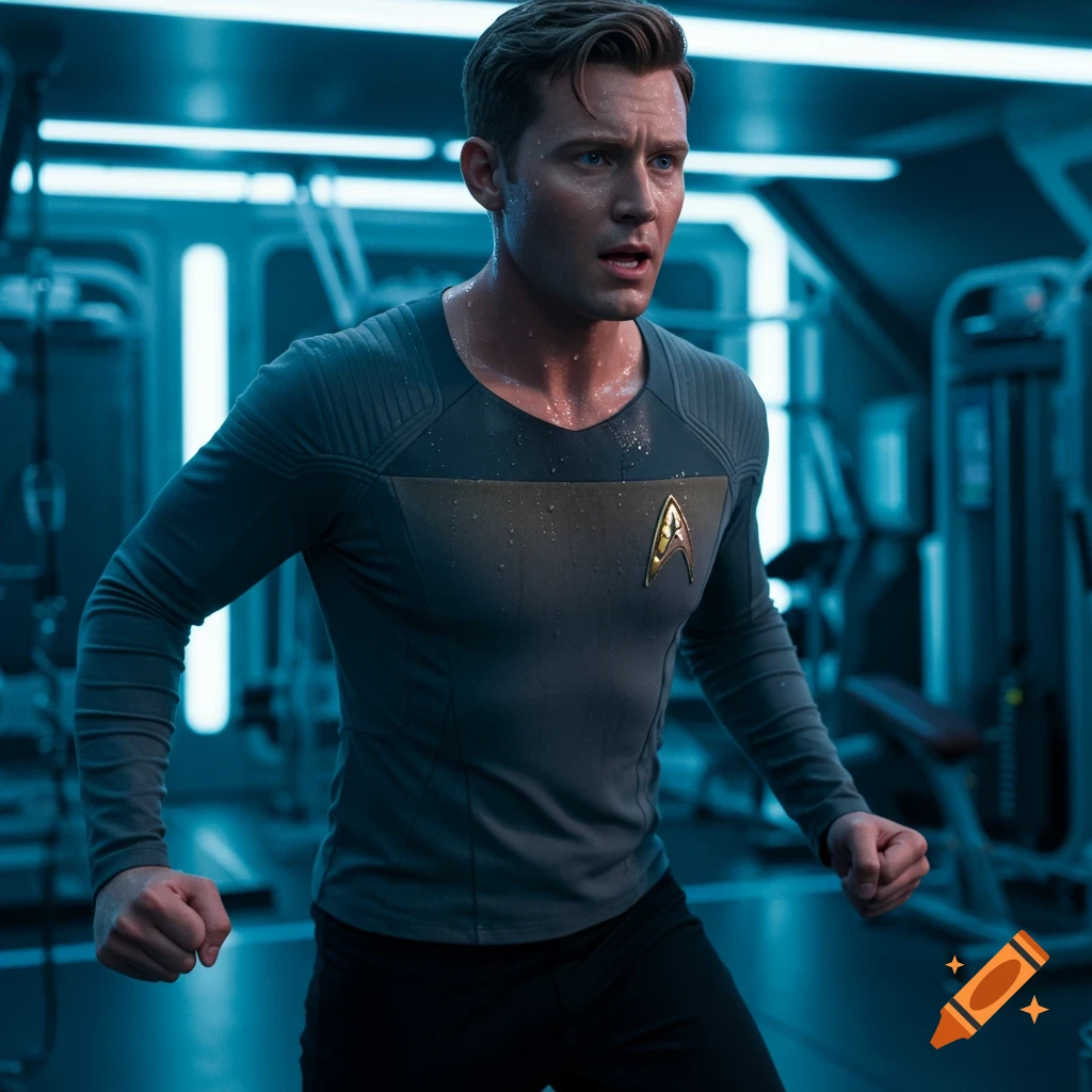 A determined, sweaty man in a grey Starfleet uniform trains in a futuristic gym, looking focused. Realistic photo.