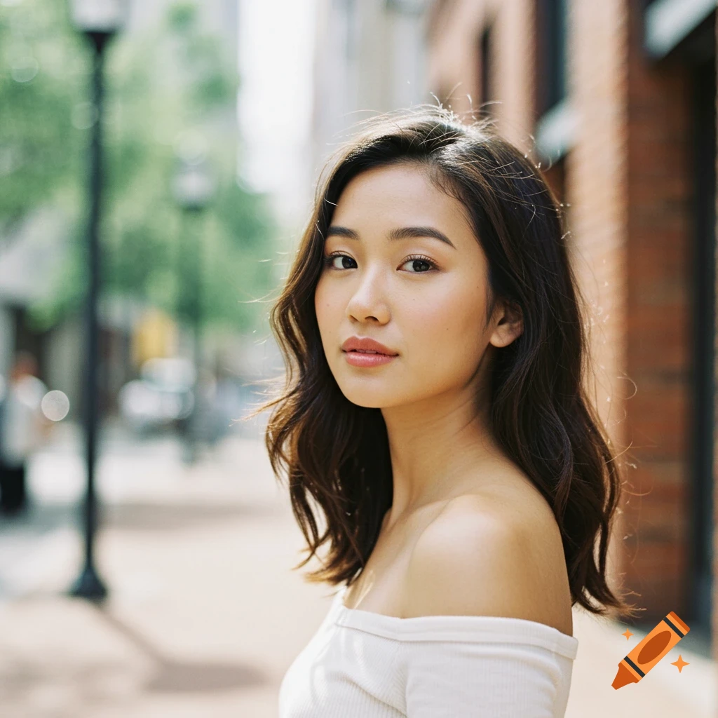 A young woman with long dark wavy hair and a white off-shoulder top looks directly at the camera on a city sidewalk.