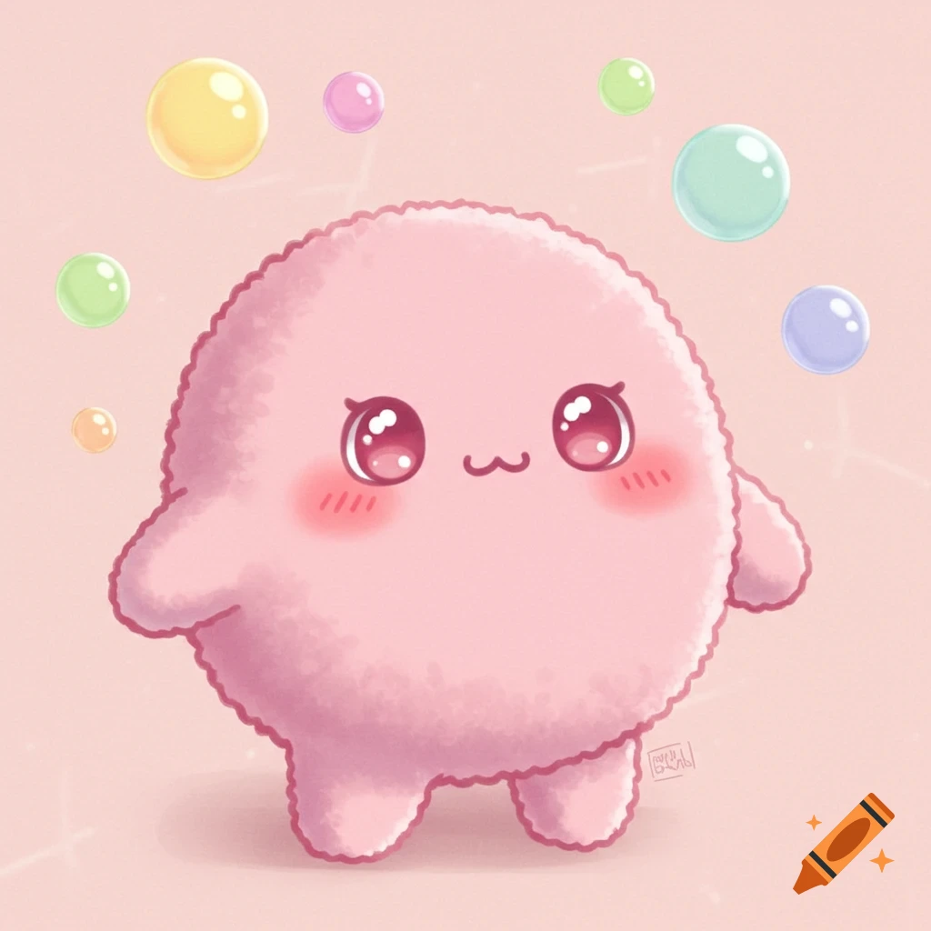 A cute, fluffy, pink, round kawaii character with big sparkly eyes and blush cheeks, surrounded by colorful bubbles.