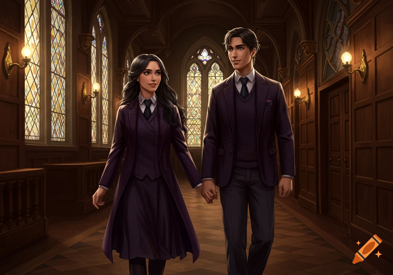 A young woman and man in matching purple uniforms walk hand-in-hand down a grand gothic academy hallway with stained glass windows.
