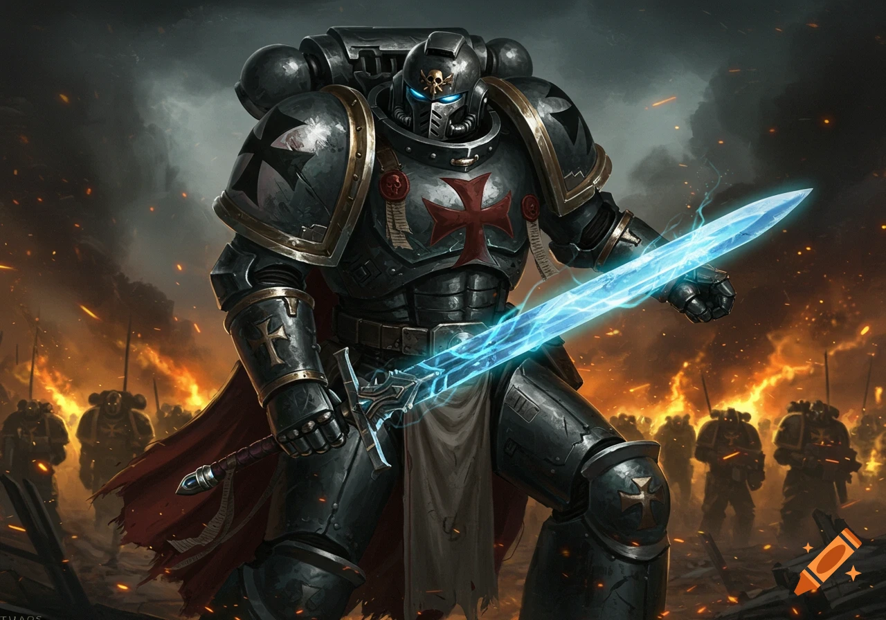 A heavily armored space marine in black and gold armor with a red templar cross, holding a glowing blue energy sword amidst a fiery battlefield.