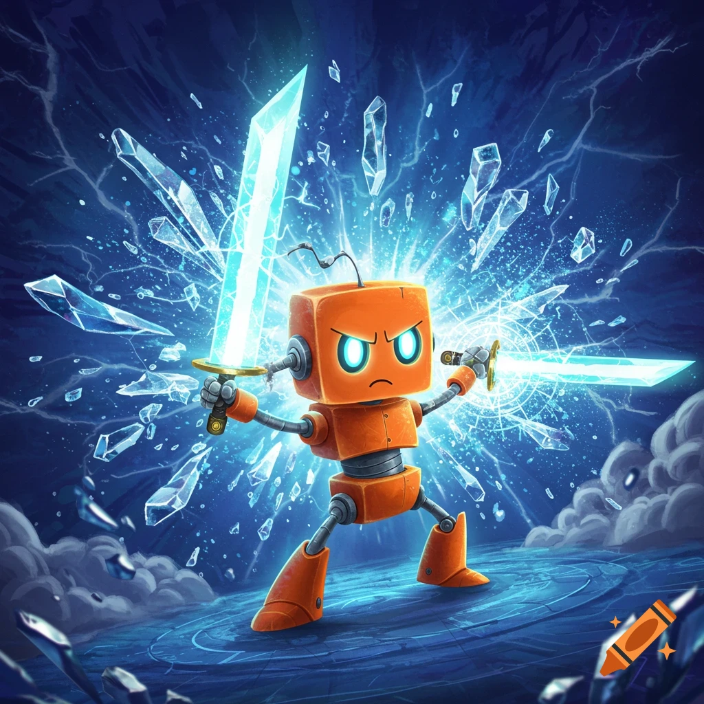 An orange, cube-headed robot with angry eyes wields two glowing ice swords as blue energy and ice shards explode around it in a dynamic illustration.