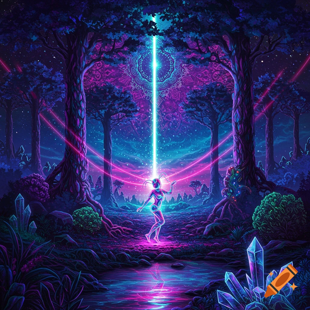 A glowing ethereal figure stands in a vibrant, neon-lit psychedelic forest with massive trees, crystals, and a glowing stream.