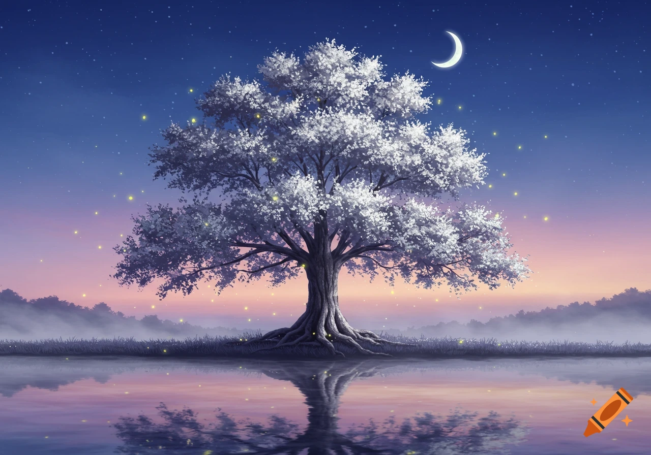 A fantasy illustration of a large white tree by reflective water under a starry sky with a crescent moon and glowing lights.