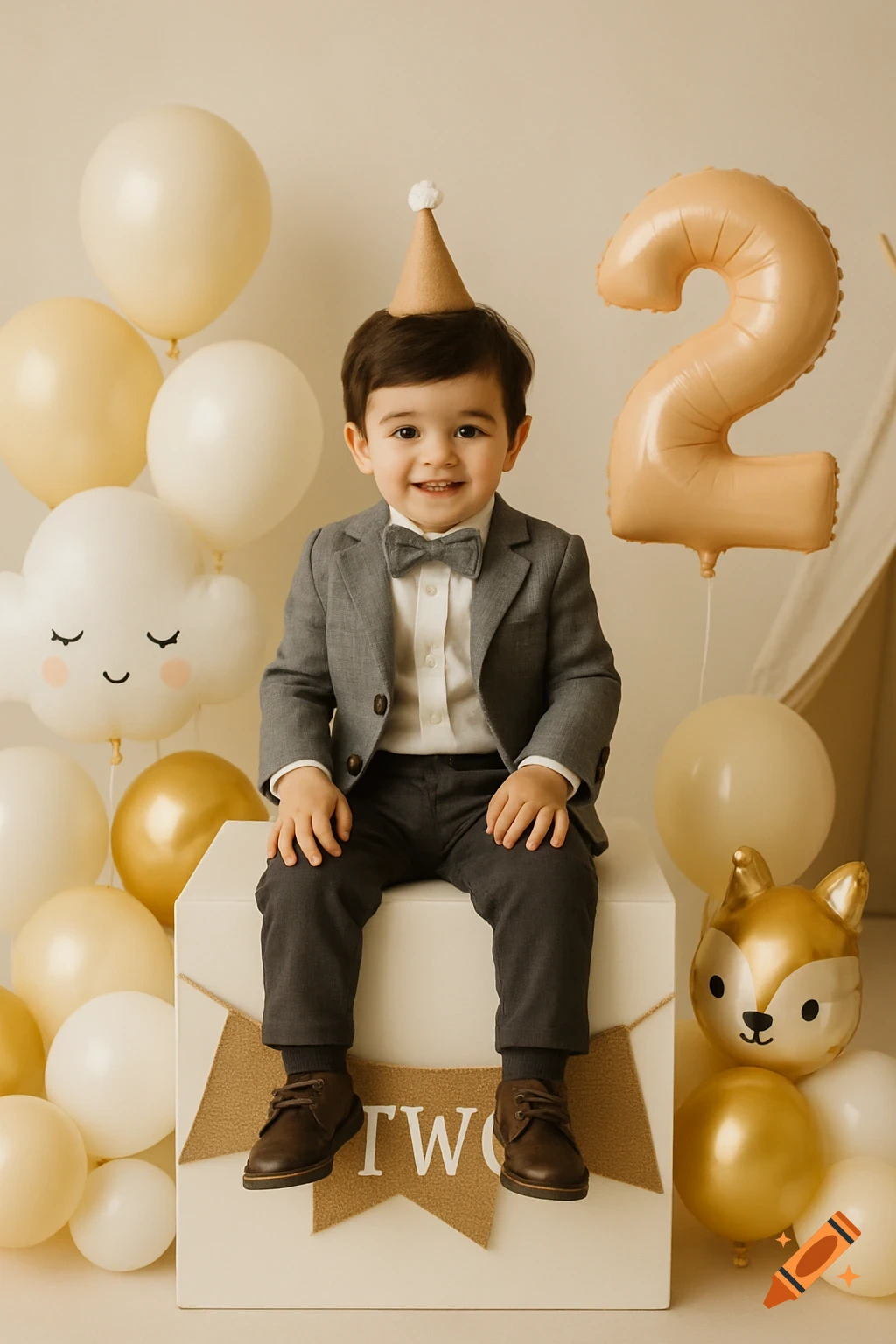A smiling toddler boy in a gray suit and party hat sits on a white cube, surrounded by balloons and a large '2' balloon, celebrating his birthday.