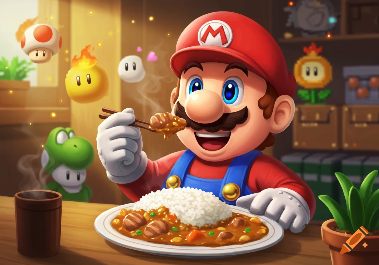 Cartoon Mario in red and blue overalls happily eats curry rice with chopsticks, with Yoshi, a mushroom, and a fire flower in the background.