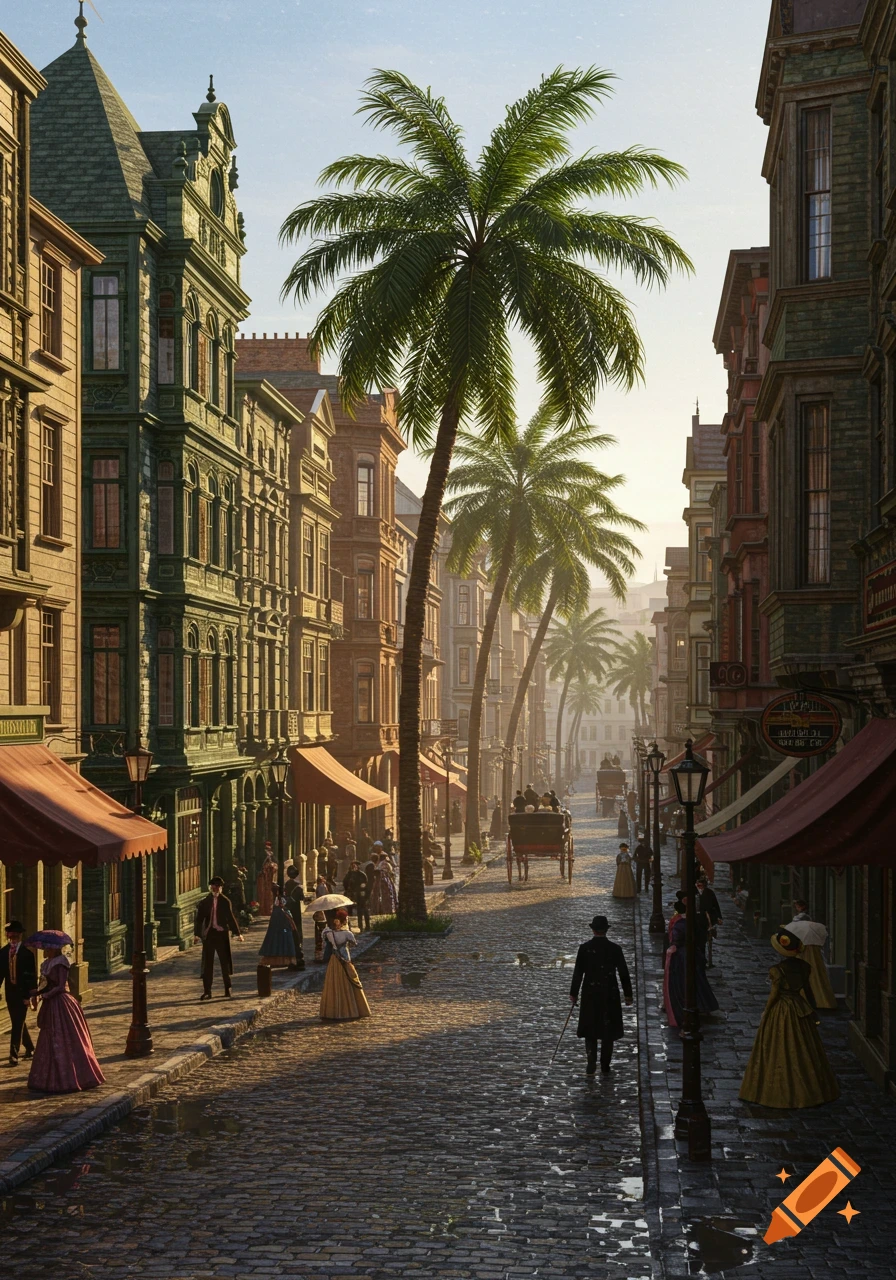 A bustling Victorian main street with elegant buildings, cobblestones, and palm trees under a bright sky.