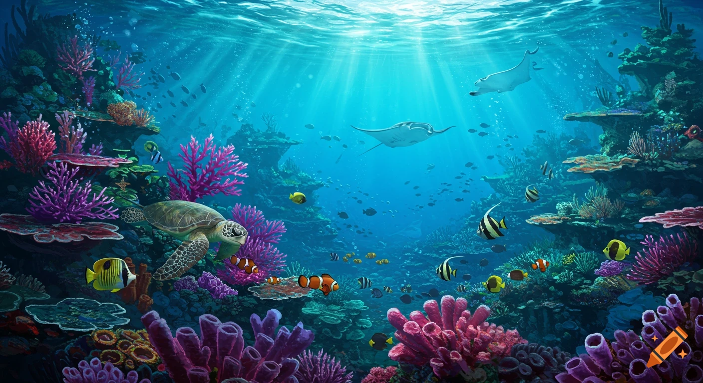 A vibrant underwater scene with a sea turtle, two manta rays, and colorful fish swimming among diverse coral reefs under sunlit waters.