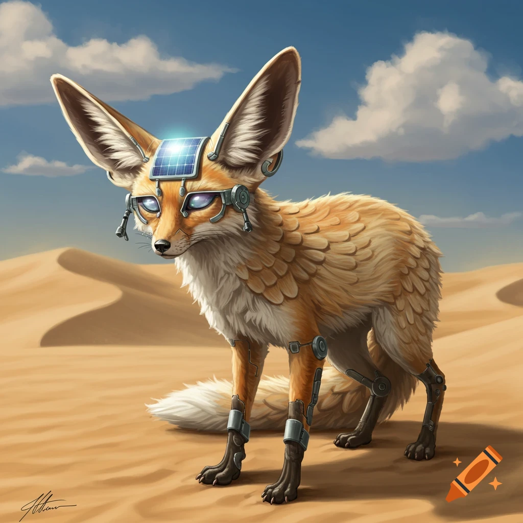 A highly detailed robotic fennec fox with a solar panel on its head, glowing eyes, and mechanical legs stands in a desert.