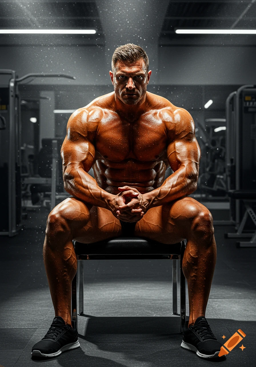 A muscular bodybuilder with sweat glistening on his skin sits on a chair in a dimly lit gym, looking intensely at the viewer.
