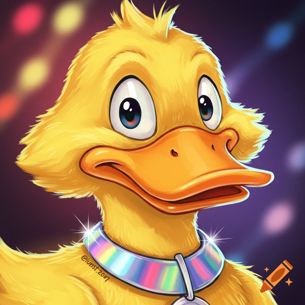 Close-up of a bright yellow cartoon duck with large eyes, friendly expression, and a shimmering rainbow disco collar.