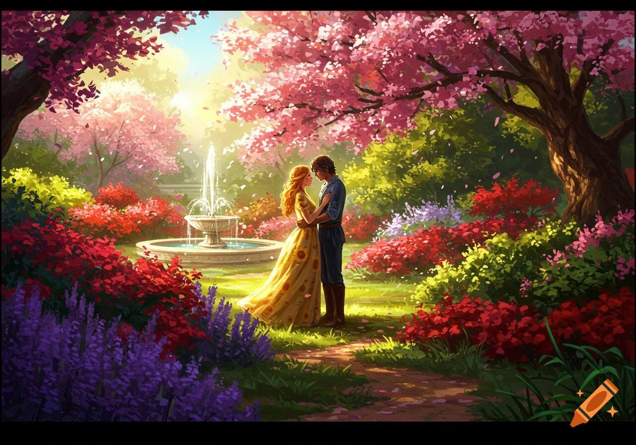 A couple embraces in a vibrant, enchanted garden filled with pink and red blooming flowers, lush trees, and a splashing fountain.