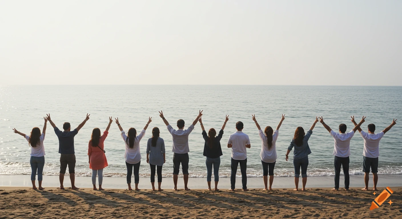 A group of people stand with their backs to the camera on a sandy beach, facing the ocean, raising their arms in V-signs.