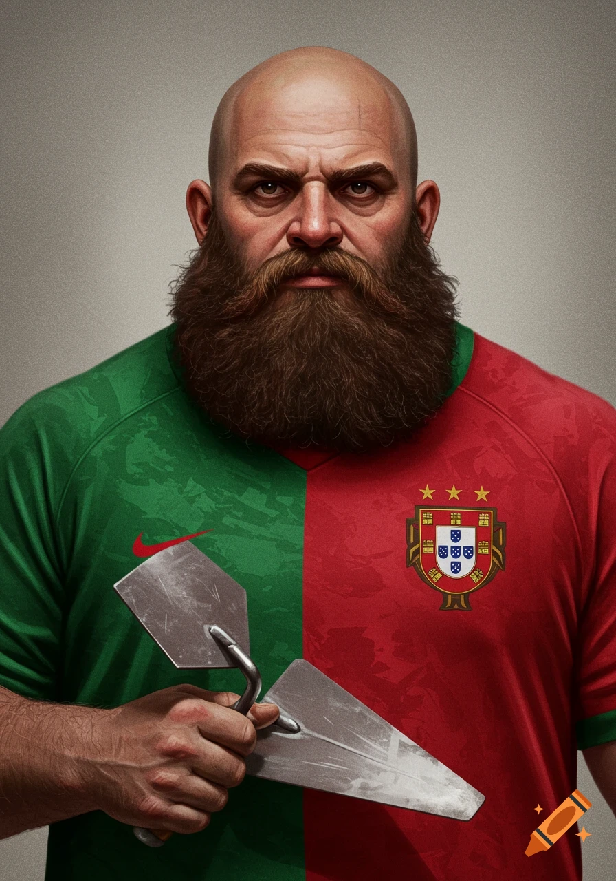 A bald, bearded man in a half-green, half-red Portugal jersey holds two trowels, looking intently at the viewer.