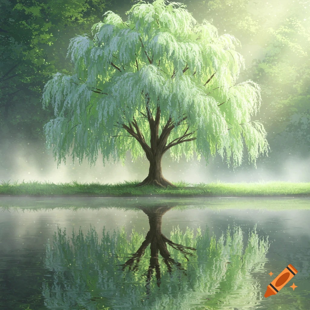 A digital illustration of a vibrant green willow tree reflected in calm water with a misty forest background.