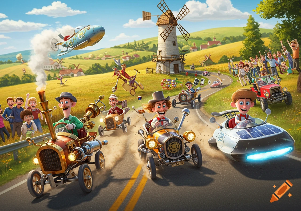 A whimsical cartoon race scene with steampunk and futuristic cars speeding on a winding road through a sunny, rolling green and yellow landscape with a windmill, as spectators cheer.