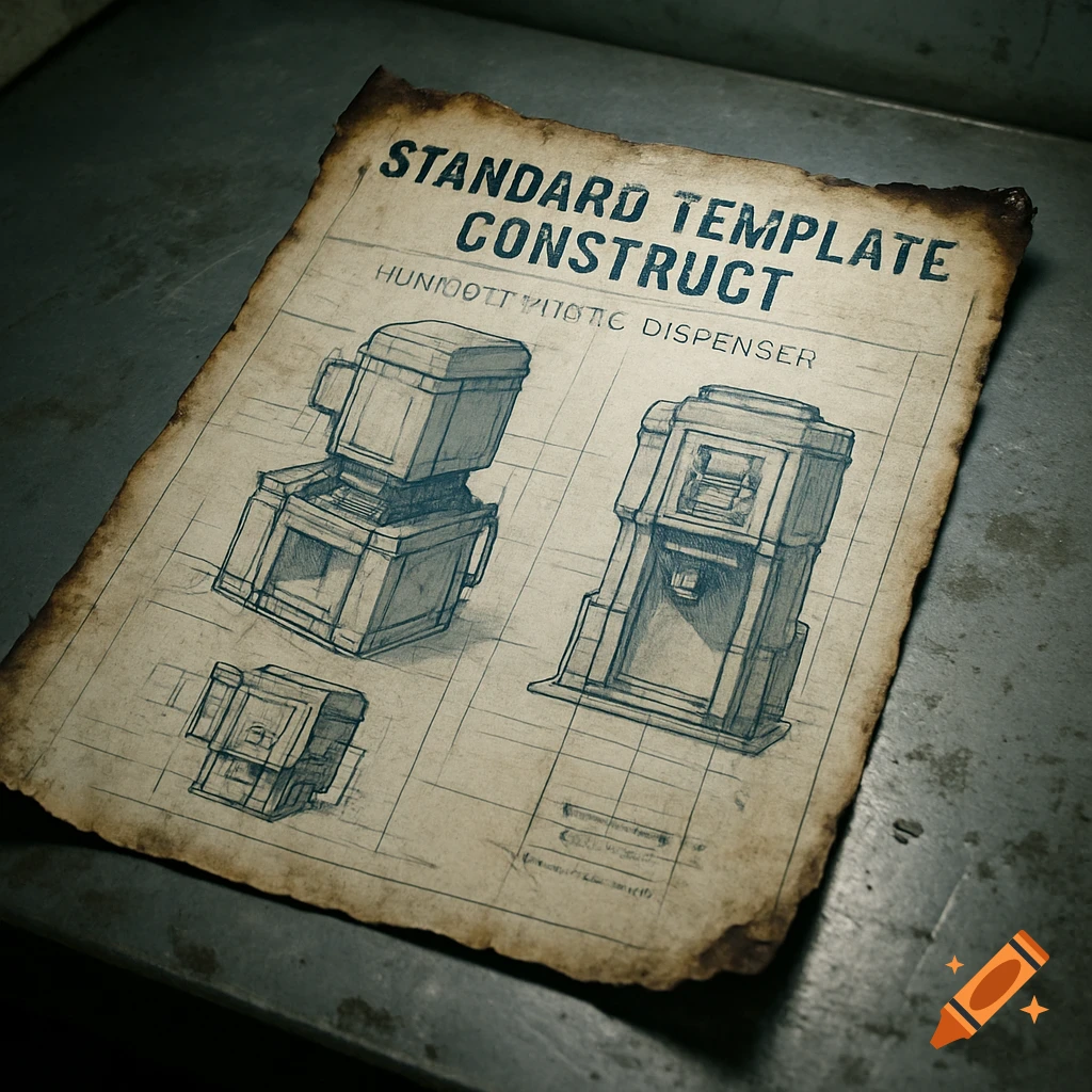 A damaged, vintage blueprint for a Standard Template Construct machine, showing schematics on old paper atop a metal surface.