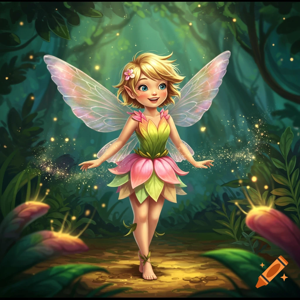 Whimsical fairy Pixi with blond hair, green eyes, petal dress, and shimmering wings in a magical glowing forest.