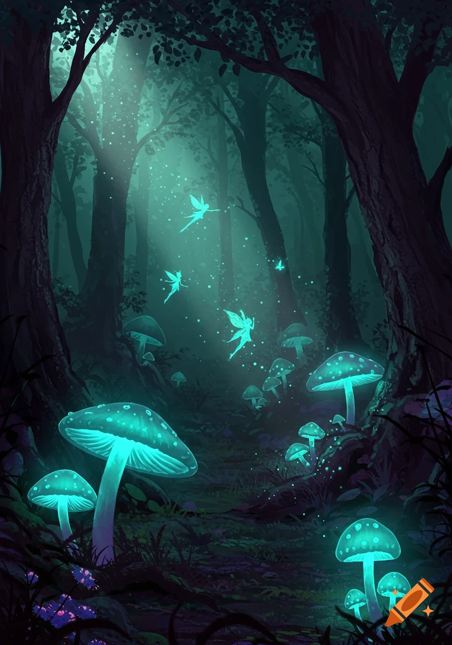 An enchanted forest scene with dark trees, glowing teal mushrooms, and luminous fairies floating through beams of light.
