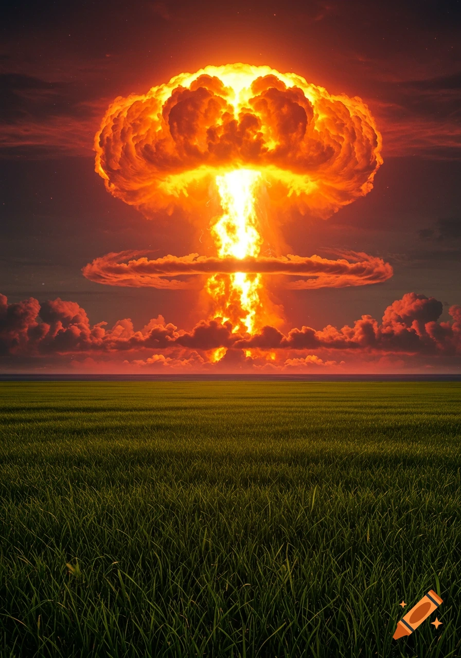 A massive, fiery atomic mushroom cloud explosion rises over a vast green grass field under a dark, reddish sky.
