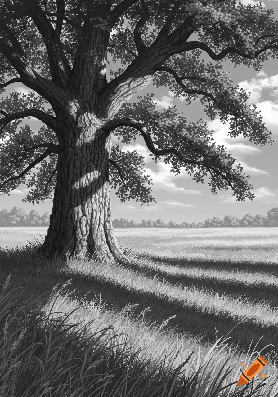 A detailed black and white illustration of a large, gnarled tree standing in a grassy field with long shadows and a cloudy sky.