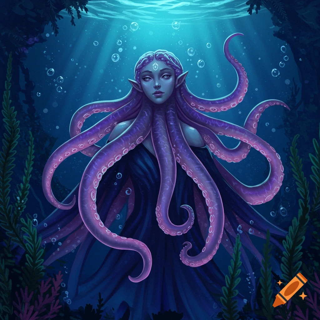 A fantasy digital illustration of a purple octopus-humanoid woman with long ears in a serene underwater setting with light rays.