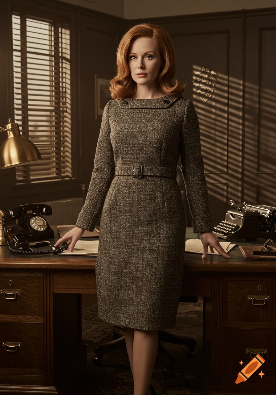 A red-haired woman in a 1960s-style tweed dress stands at a wooden desk with a vintage phone and typewriter in an office.