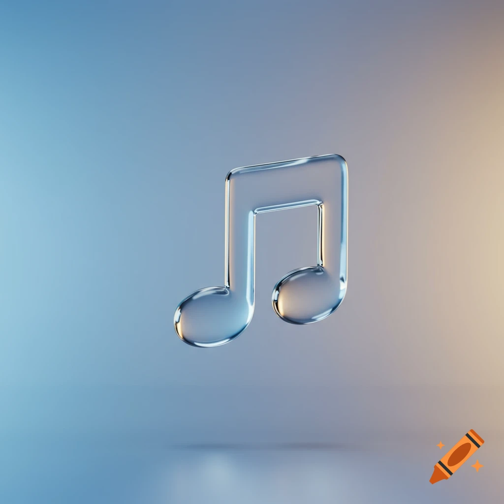 A translucent, glass-like musical note floats on a gradient blue and orange background, casting a soft shadow.
