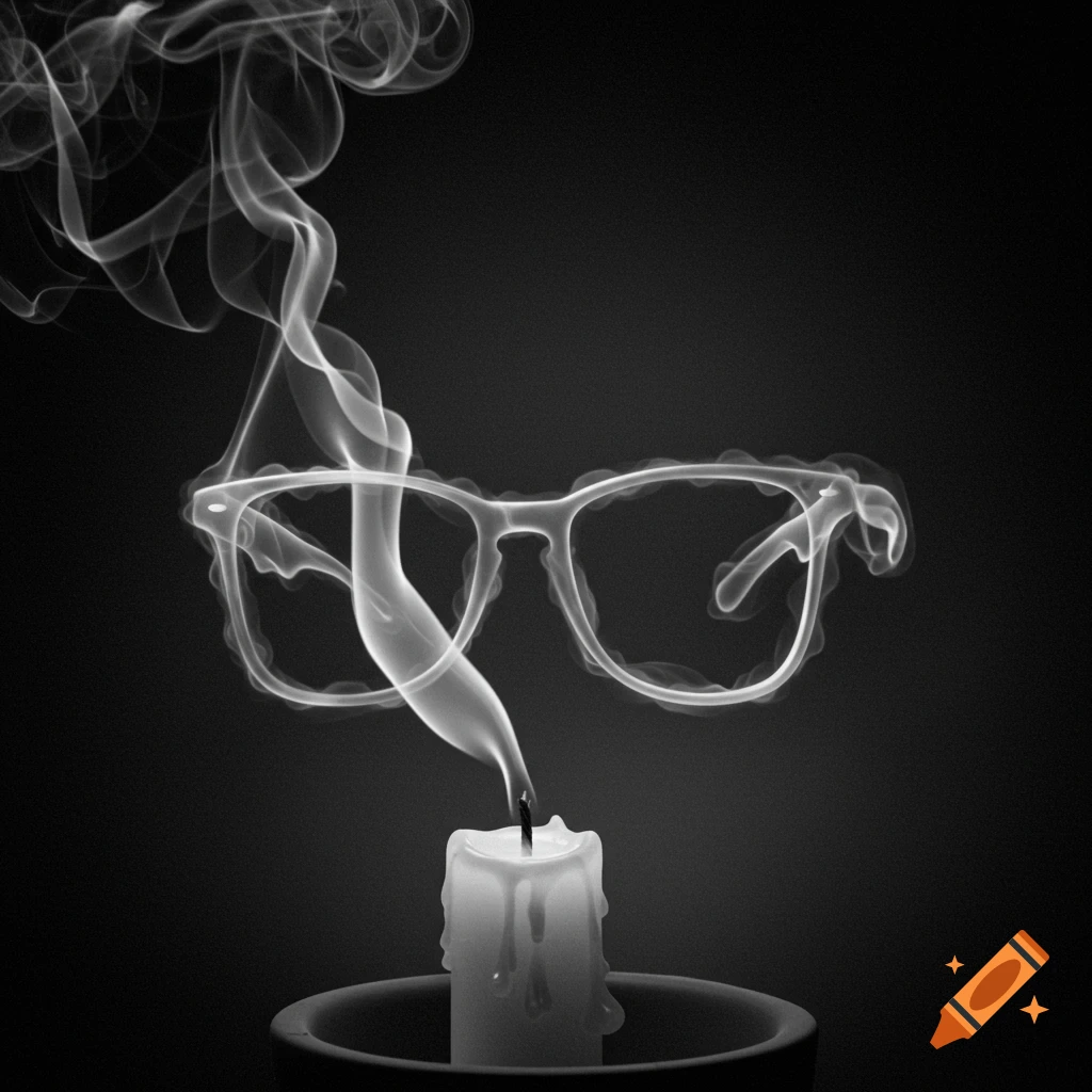 A black and white photograph of smoke rising from a candle to form the clear shape of eyeglasses against a dark background.