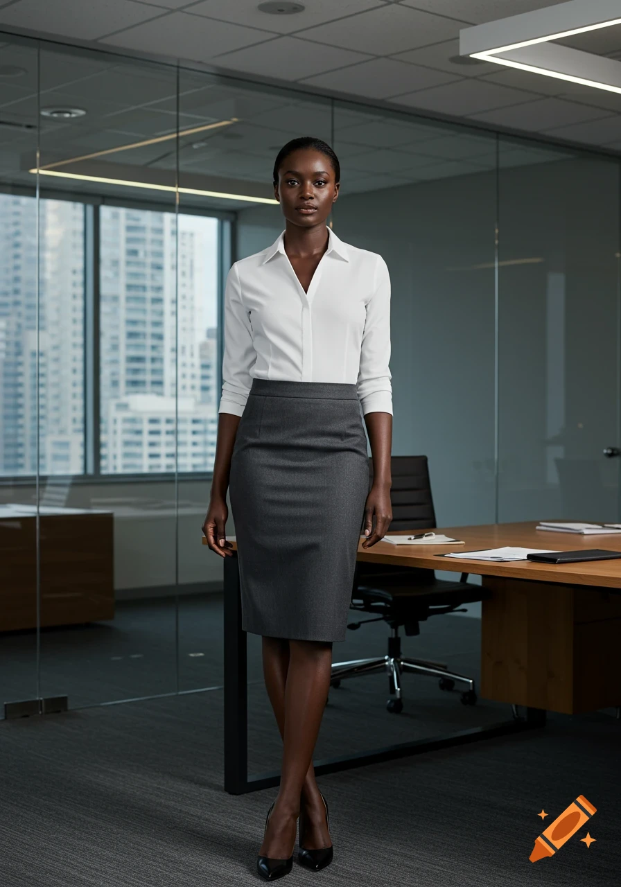 A confident Black business woman in a white shirt and gray skirt stands in a modern office with city views.