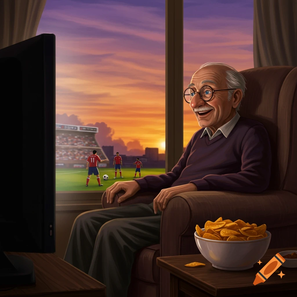 An elderly man with glasses sits in an armchair, smiling while watching a soccer game on TV. A bowl of chips is on a table next to him, with a vibrant sunset visible outside the window.
