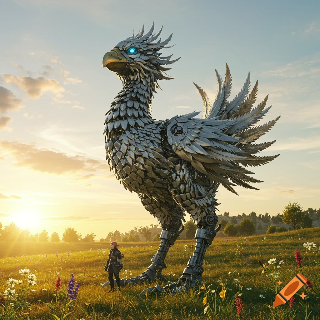 A giant metallic chocobo stands in a grassy field with wildflowers as a small person looks on during sunset.