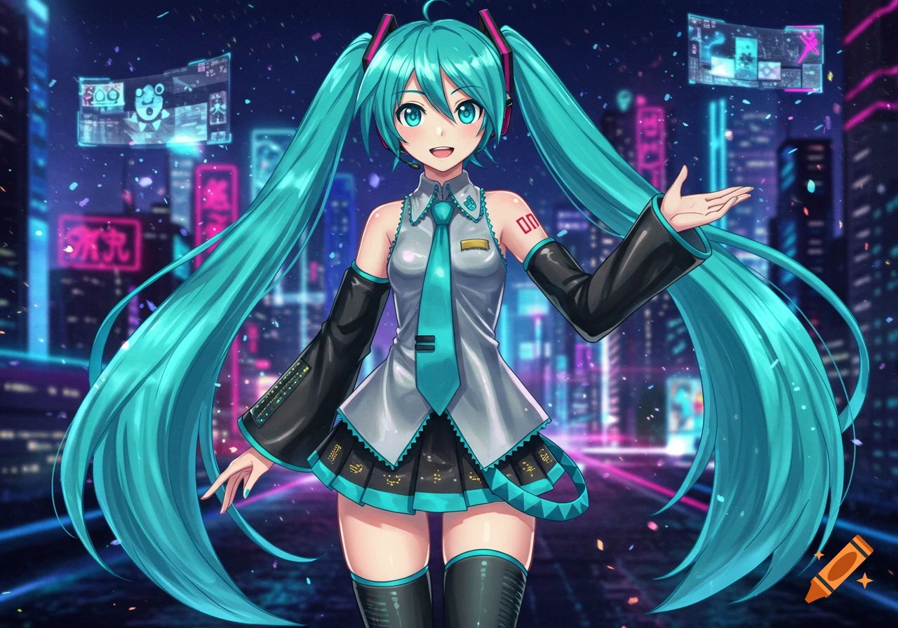 A vibrant anime-style illustration of Hatsune Miku with long teal pigtails, smiling in a futuristic cityscape with neon lights.