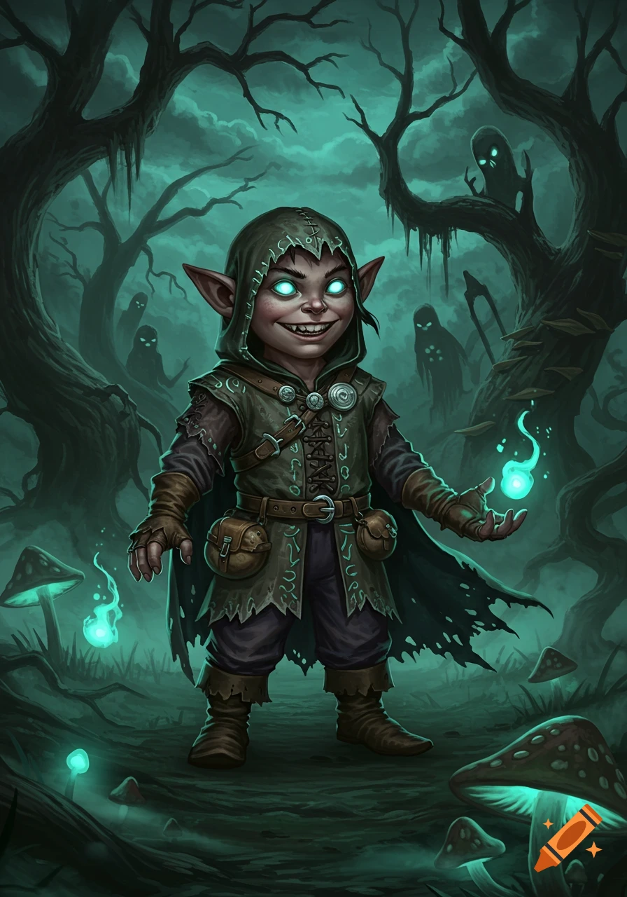 A mischievous-looking goblin or halfling with glowing eyes stands in a dark, misty, enchanted forest with glowing mushrooms and ghostly figures.