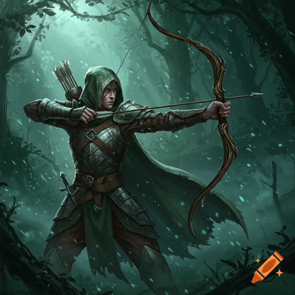 A fantasy archer in dark armor and a green cloak aims a bow and arrow in a misty, moonlit forest, digital art.