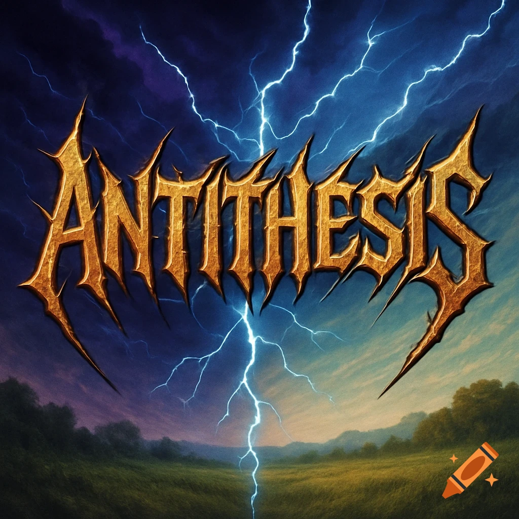 A golden, spiky band logo for 'ANTITHESIS' with lightning bolts against a dark stormy sky and green landscape.