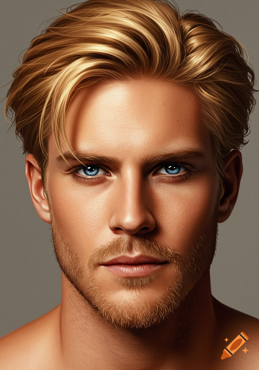Close-up photorealistic portrait of an attractive blond man with blue eyes and light stubble.