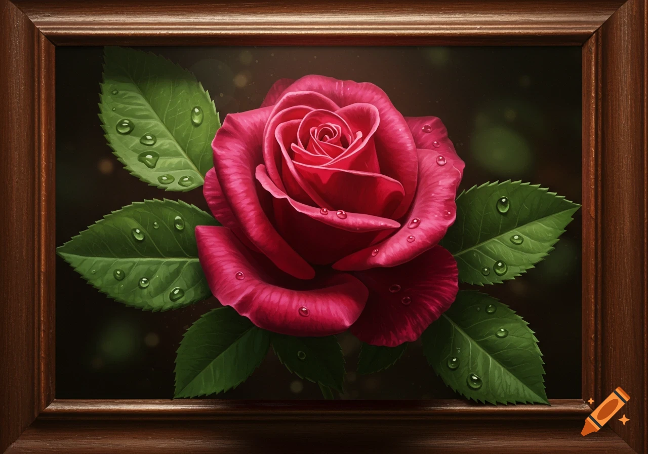 A vibrant red rose with green leaves and water droplets, displayed in a realistic wooden frame.