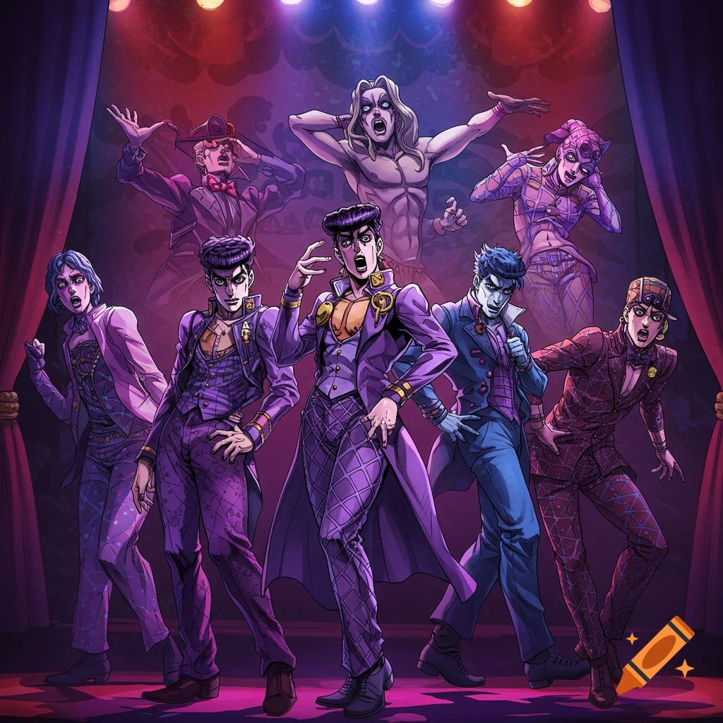 Seven stylized male anime characters in colorful suits striking dramatic poses on a stage with red curtains and spotlights.