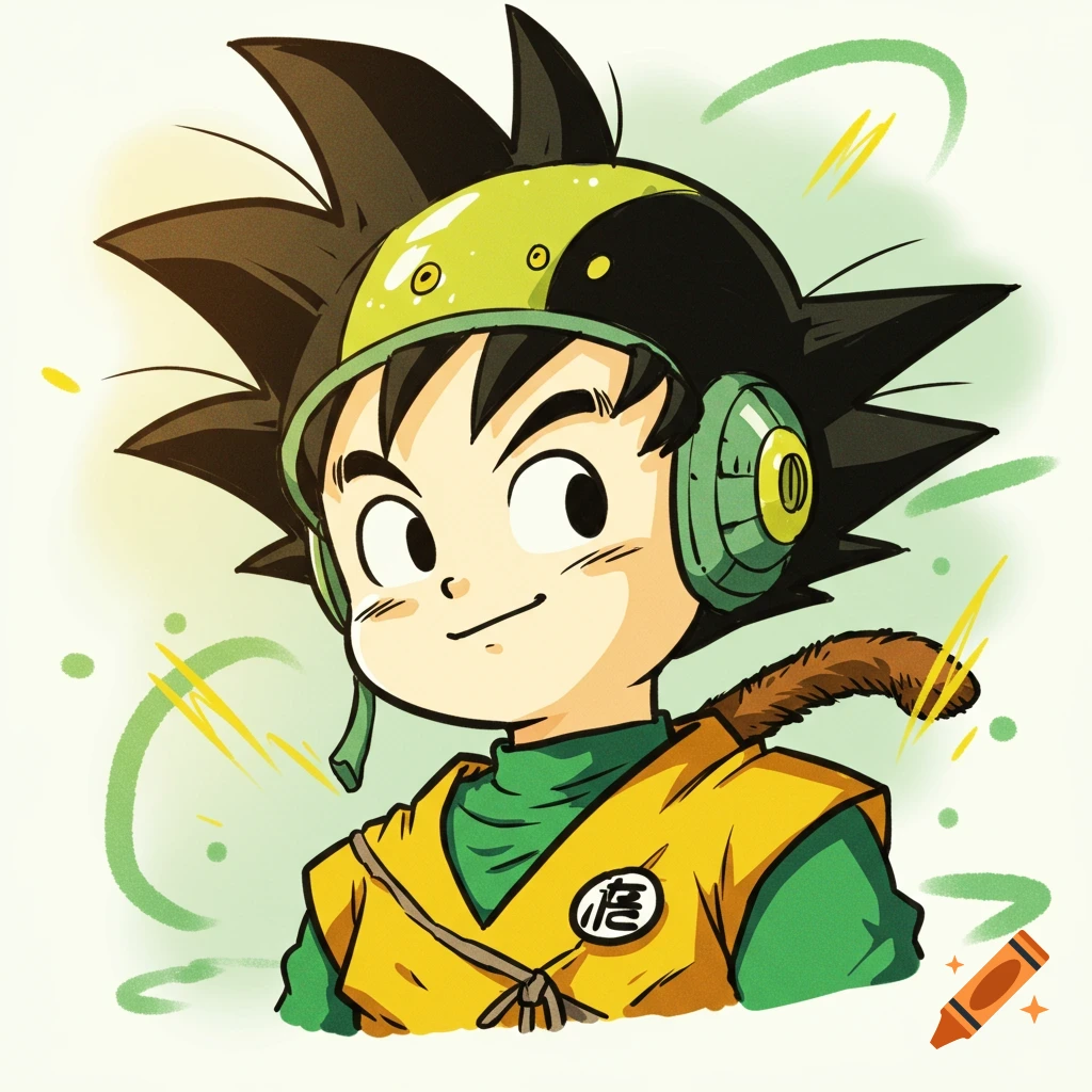 A young, smiling anime boy with spiky black hair, wearing a green helmet, yellow vest, and green shirt, with a tail behind him, in a Dragon Ball style.