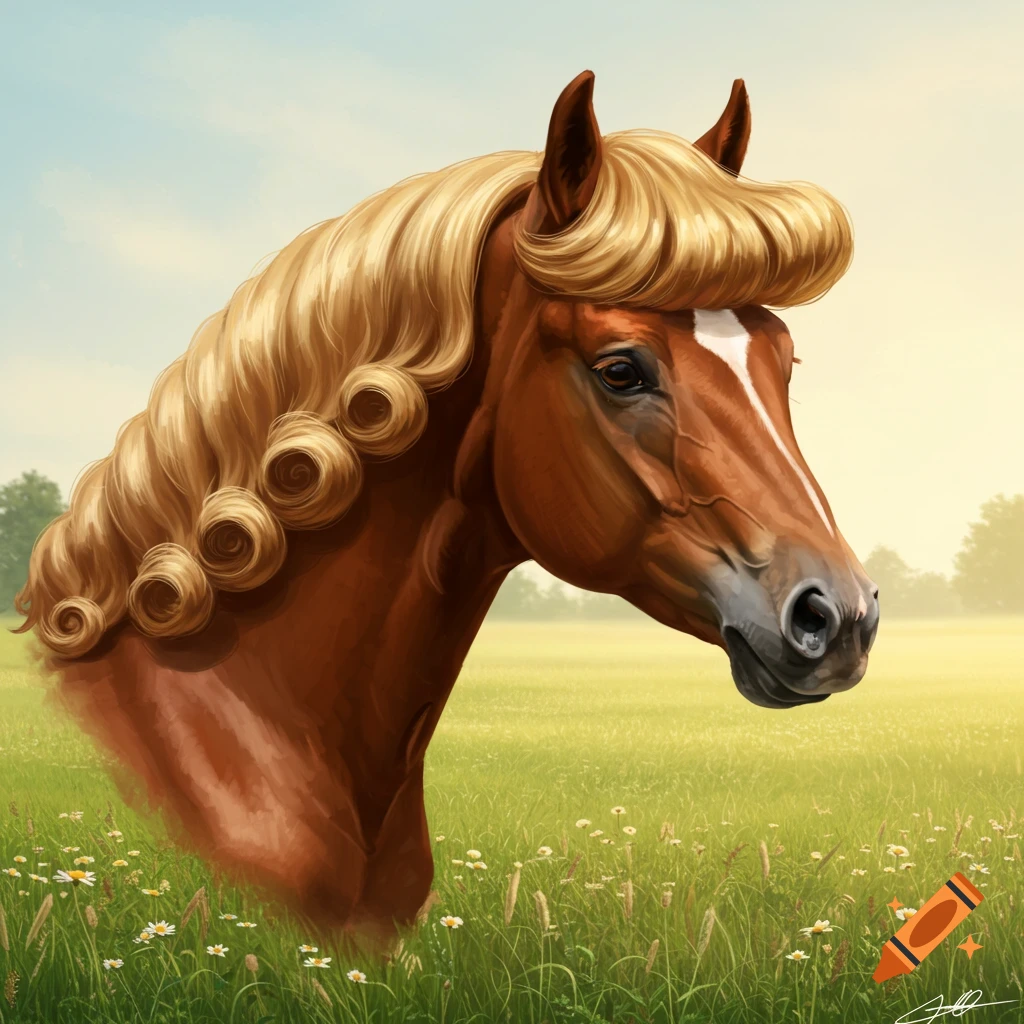 A brown horse head with a blonde, coiffed mane and forelock, standing in a sunny green field with wildflowers.