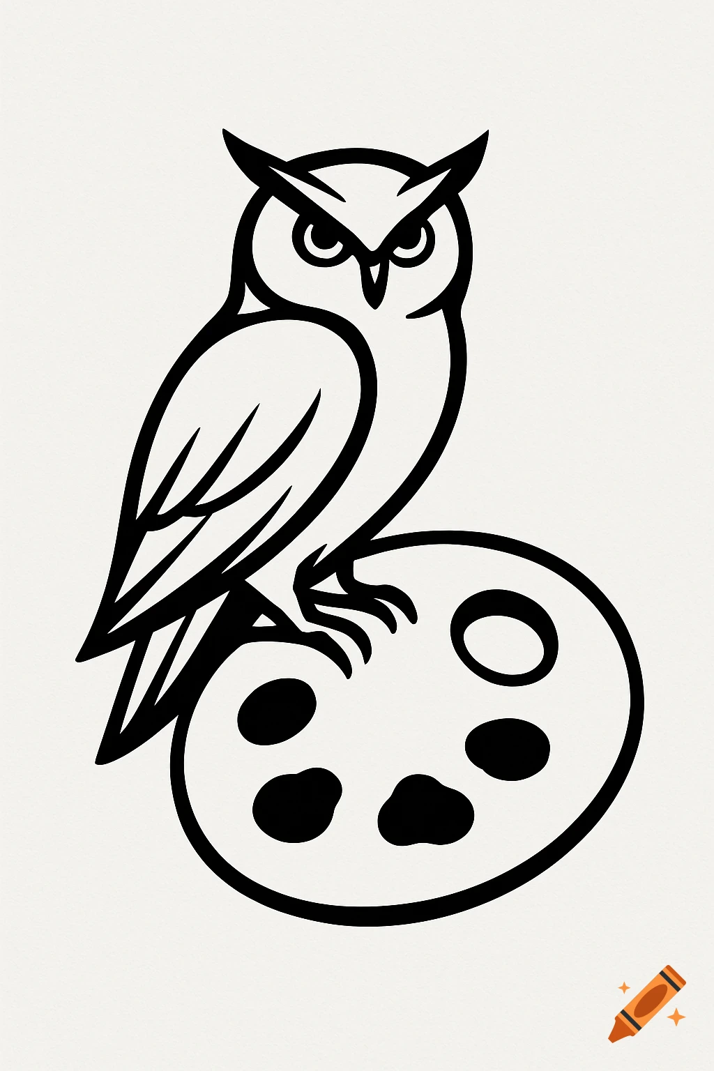 A simple black and white line art illustration of an owl perched on an artist's palette.