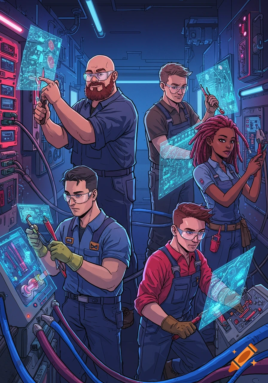 Five cartoon electricians, diverse in age and gender, work on futuristic electrical panels with glowing wires and holographic screens.