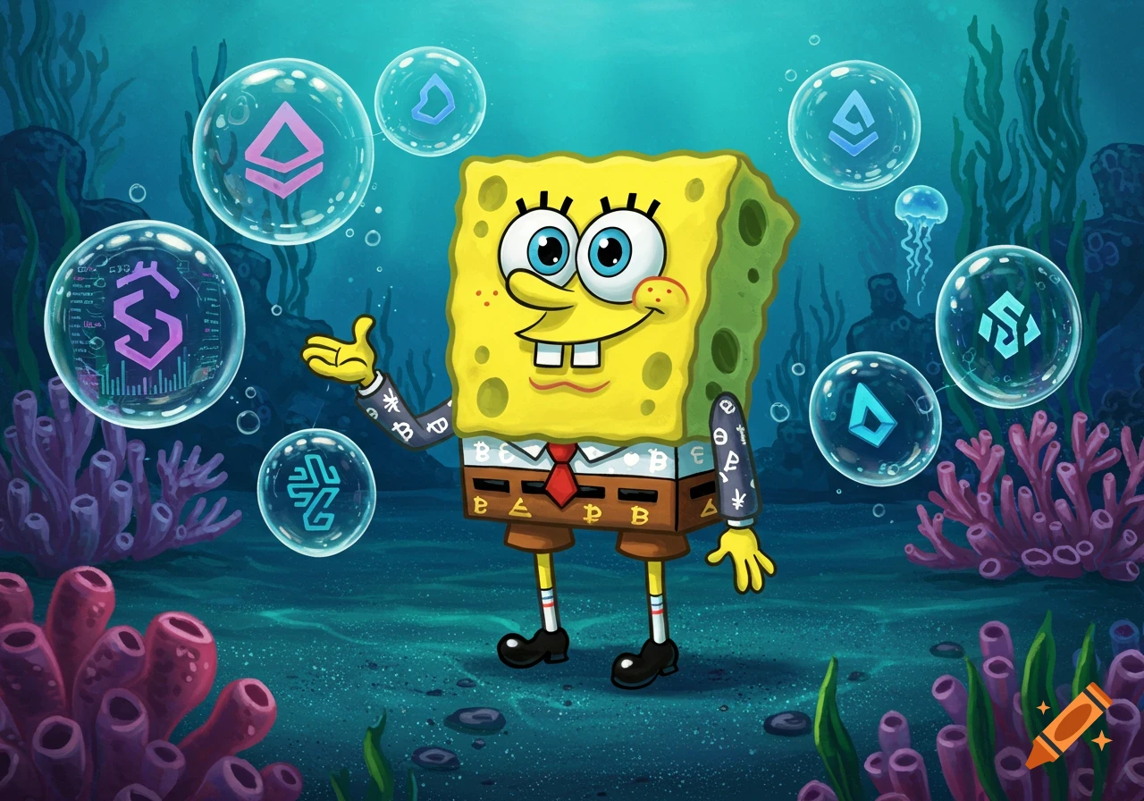Spongebob Squarepants in a suit, presenting various cryptocurrency symbols floating in bubbles underwater, surrounded by coral.