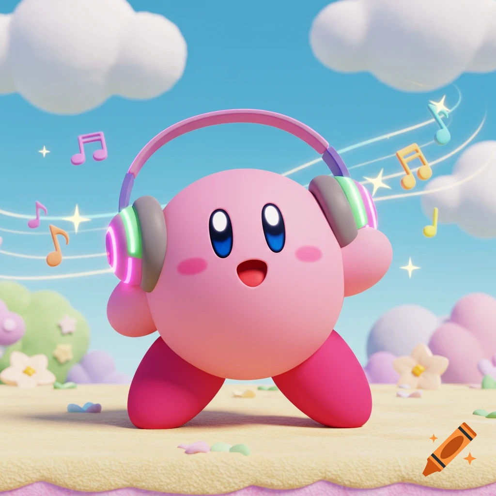 A cute 3D cartoon Kirby, a pink round character, wears glowing headphones, surrounded by colorful musical notes and clouds under a blue sky.